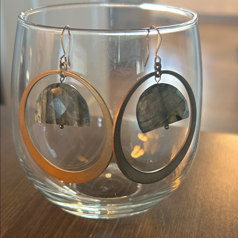 Elegant Brass and Labradorit Hoop Earrings